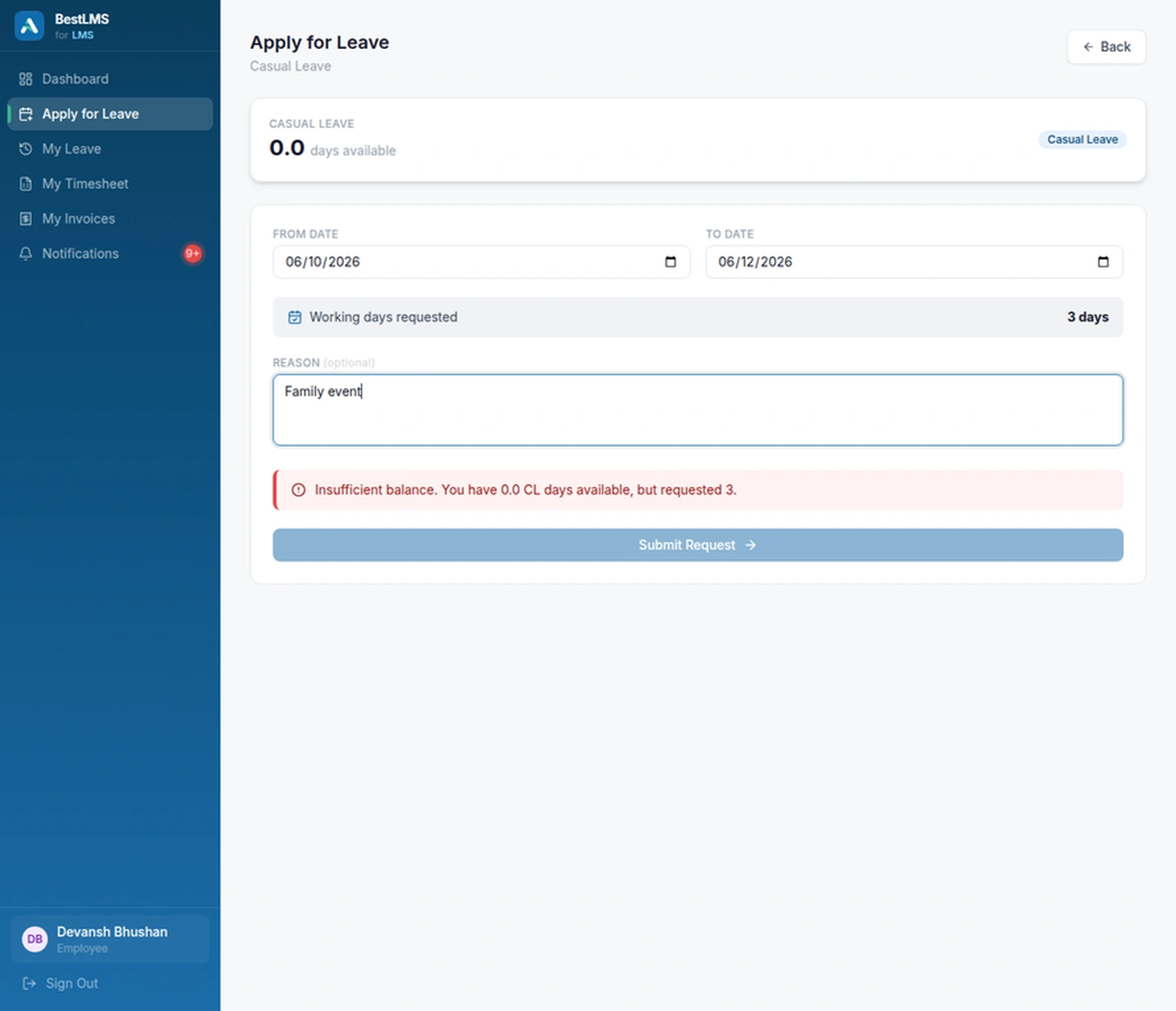 BestLMS HR leave, attendance and timesheet dashboard showing requests, approvals and employee records